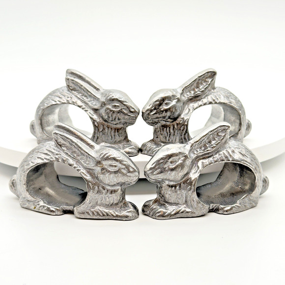 Pewter Bunny Rabbit Napkin Rings Set of 4 Shafford Easter Cottage Country - Picture 1 of 10